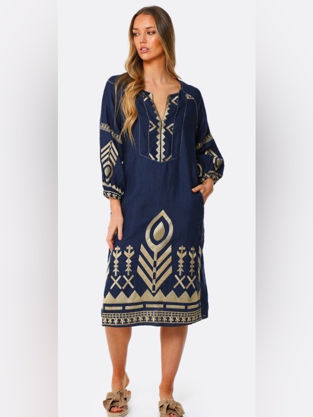 GREEK ARCHAIC KORI
Embroidered Linen Long Sleeve Midi Dresse